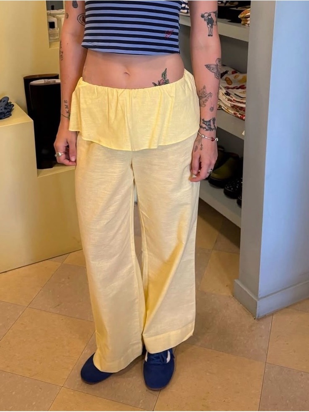 Lisa Says Gah Pale Yellow Ruffle-Waist Wide-Leg Pants